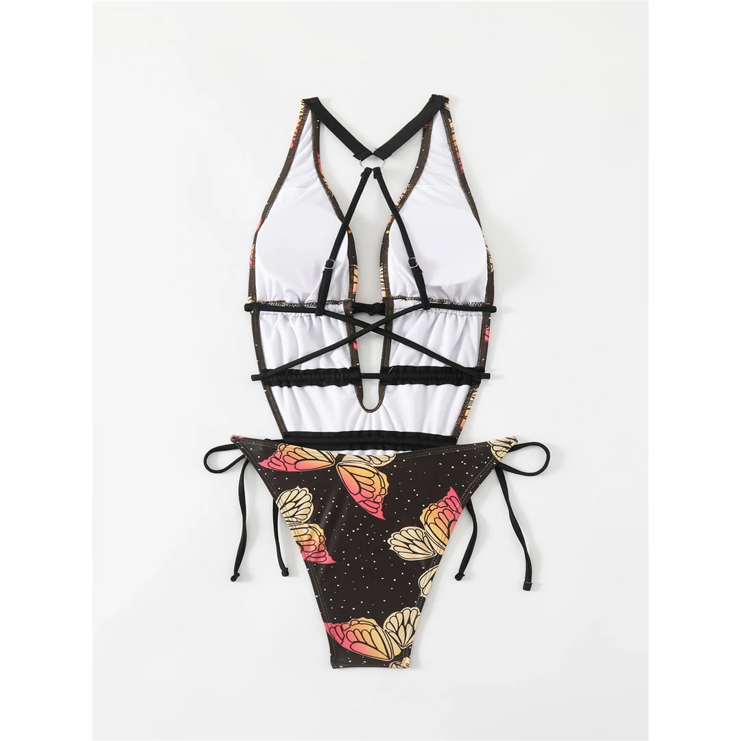 Schmetterlingsmuster, tiefes V-Ausschnitt-Design, rückenfreier, einteiliger Badeanzug für Damen, Badebekleidung, hoch geschnittener Monokini-Badeanzug, Badeanzug, Modell V6369. – Detail 12