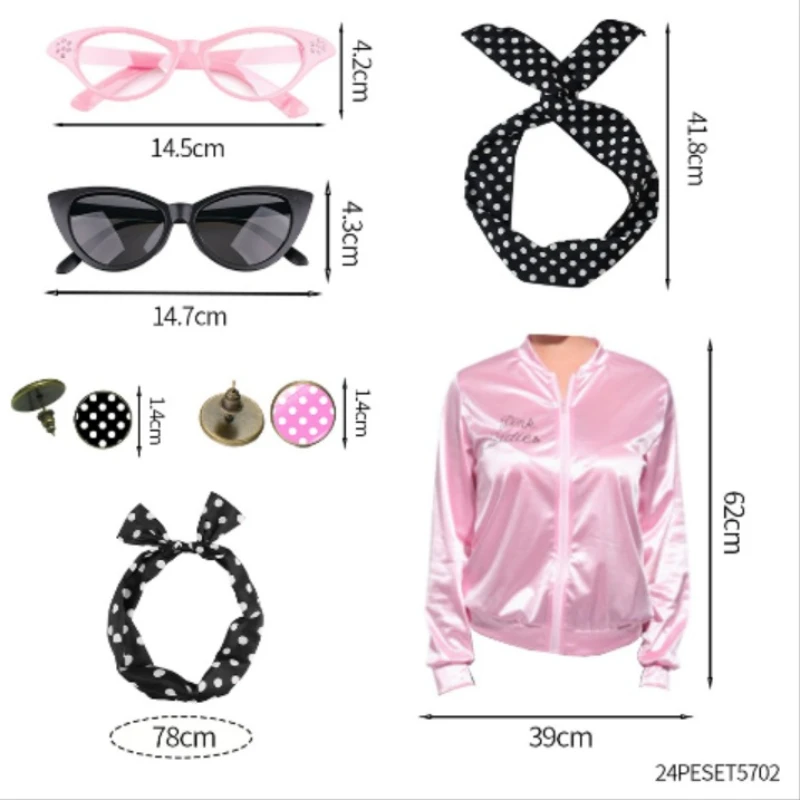 PESENAR Akcesoria do kostiumów w stylu lat 50.: Grochy, czerwone akcenty i styl vintage, idealne na nostalgiczne imprezy tematyczne.