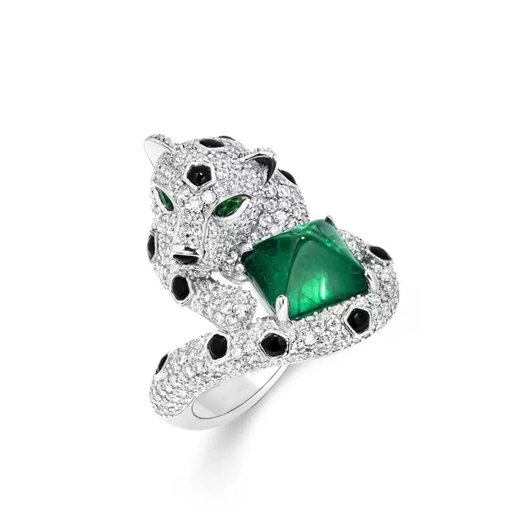 

Luxury 925 Sterling Silver Leopard Ring Exquisite Artificial Emerald Panther Fine Jewelry for Women's Anniversary Banquet Gifts