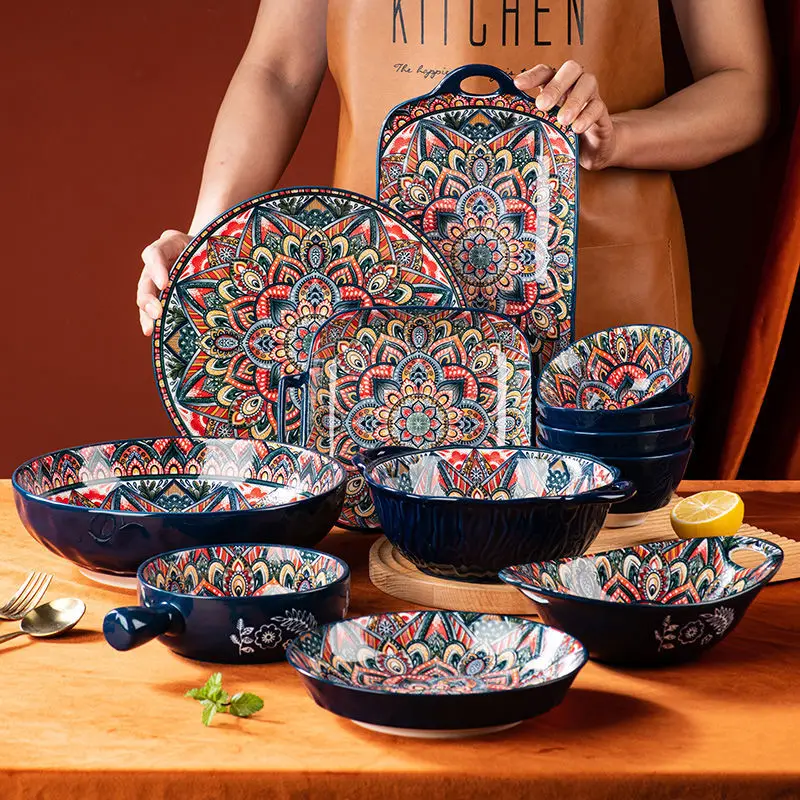 New Bohemian style ceramic tableware with handle baking tray cake fruit salad pasta mashed potato bowl home decor