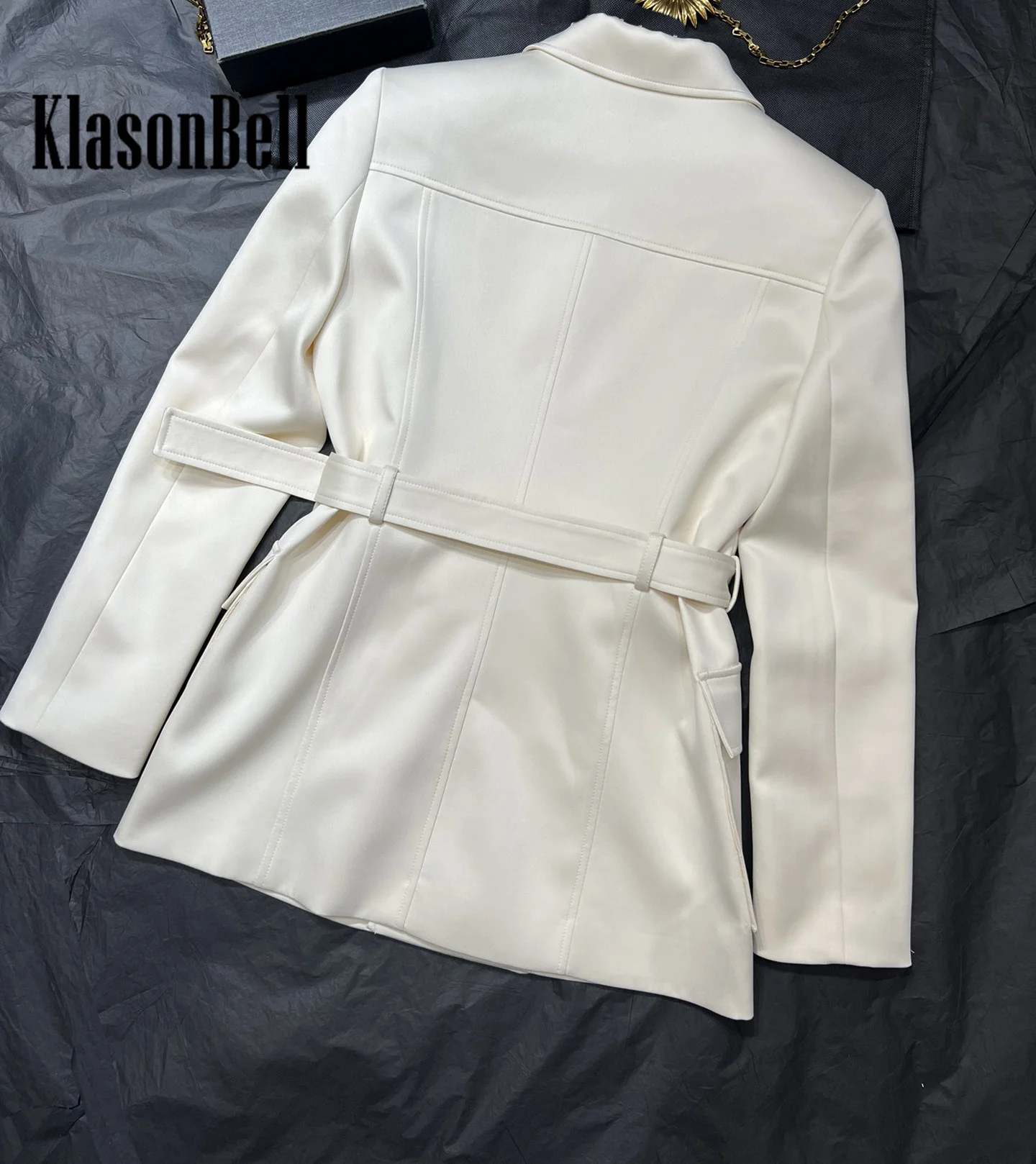 8.2 KlasonBell Women Acetate Blend Cargo Pocket Blazer Temperament Double Breasted Shoulder Pads With Sashes Design Jacket