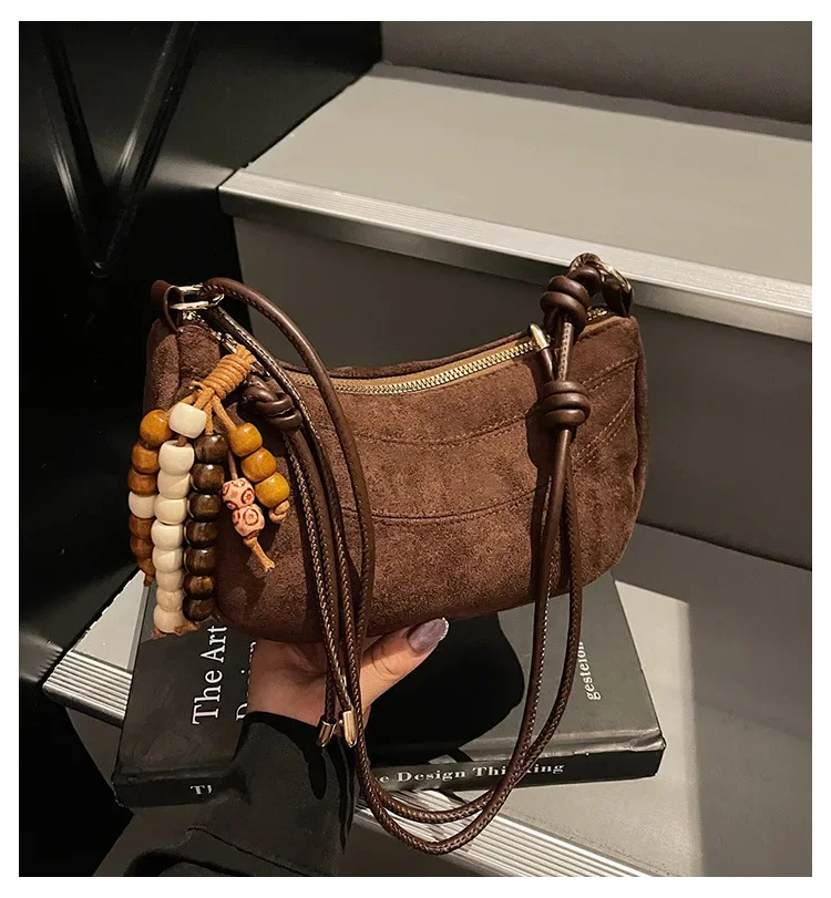 

Women's Bag 2025 New Versatile Textured Shoulder Underarm Bag Niche Crossbody Crescent Bag Retro Suede Tote Bag