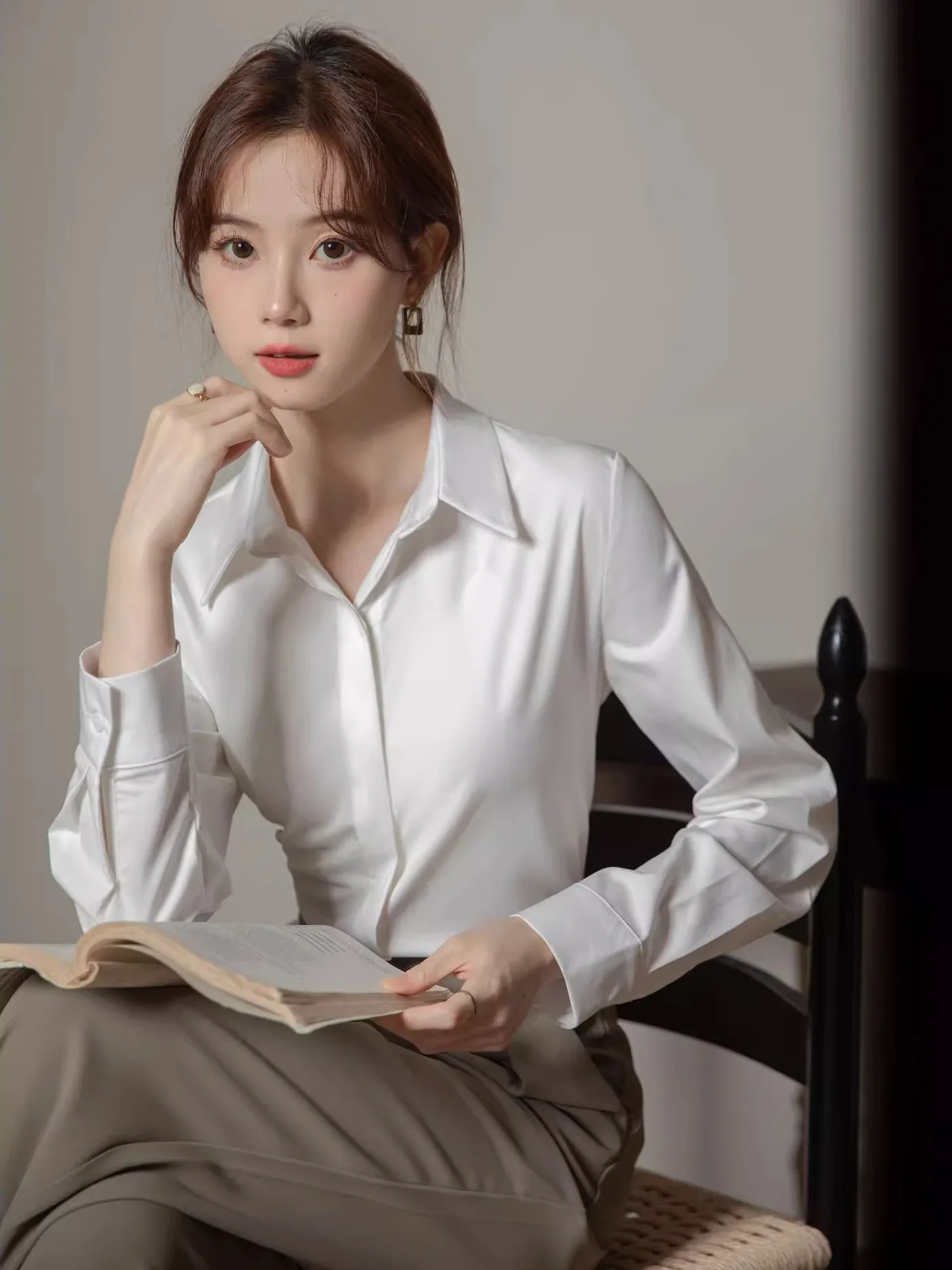 가을 겨울 티엔드 블루 여성용 롱 셔츠 전문가용 주름 방지 K 버튼 기본 셔츠 출퇴근 작업복