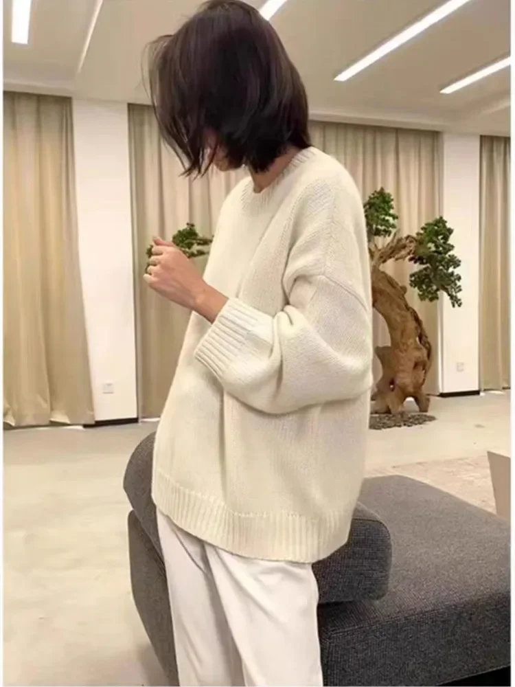 2025 الخريف الشتاء البلوز فضفاضة كبيرة الحجم سترة الكشمير المعنقة المرأة الكورية منتصف طول 100% صوف ميرينو نقي متماسكة الفرنسية البلوز