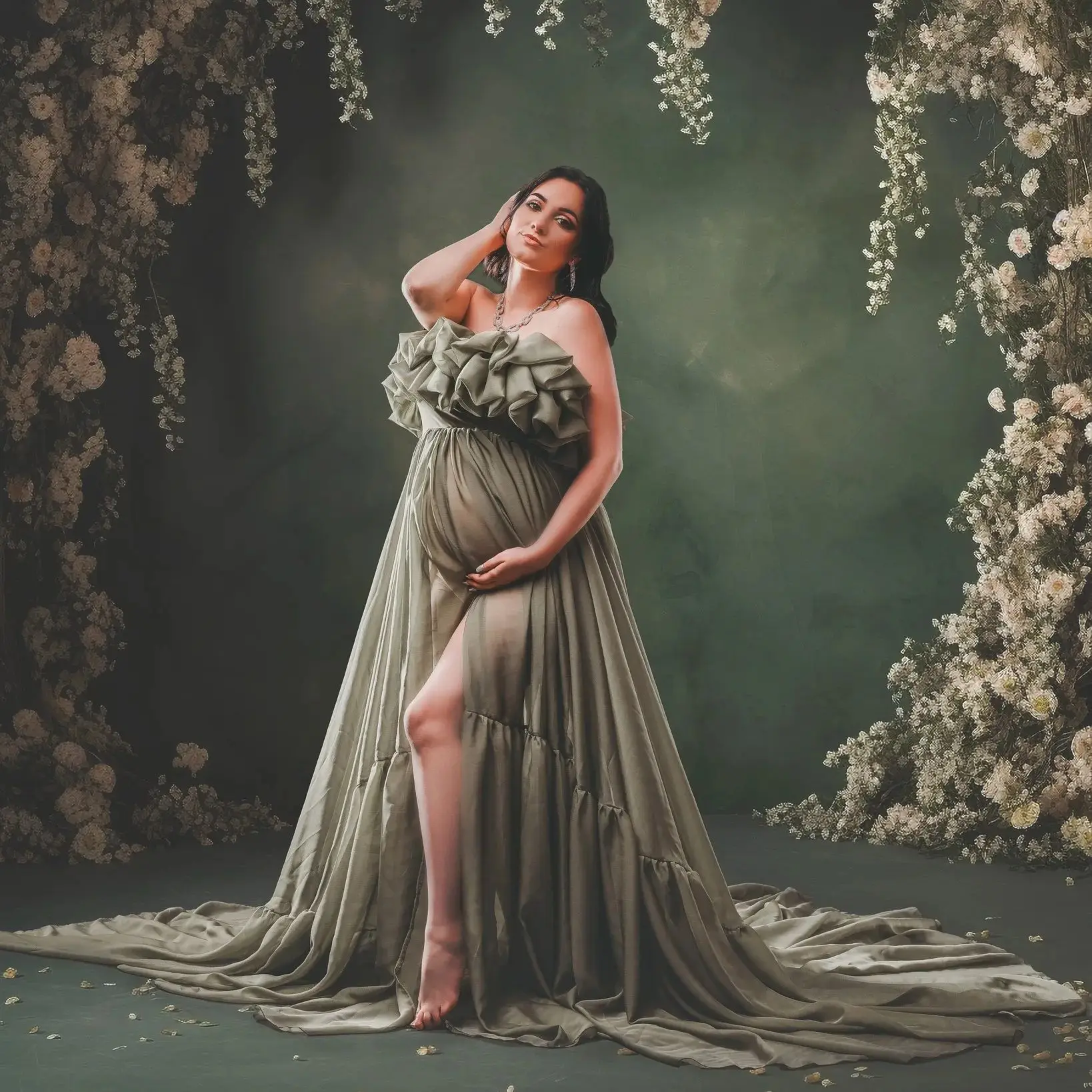 

Зеленое платье для беременных в стиле ампир для детского душа, трапециевидное платье без рукавов с рюшами, реквизит для фотосъемки, тюлевые платья с высоким разрезом для беременных женщин