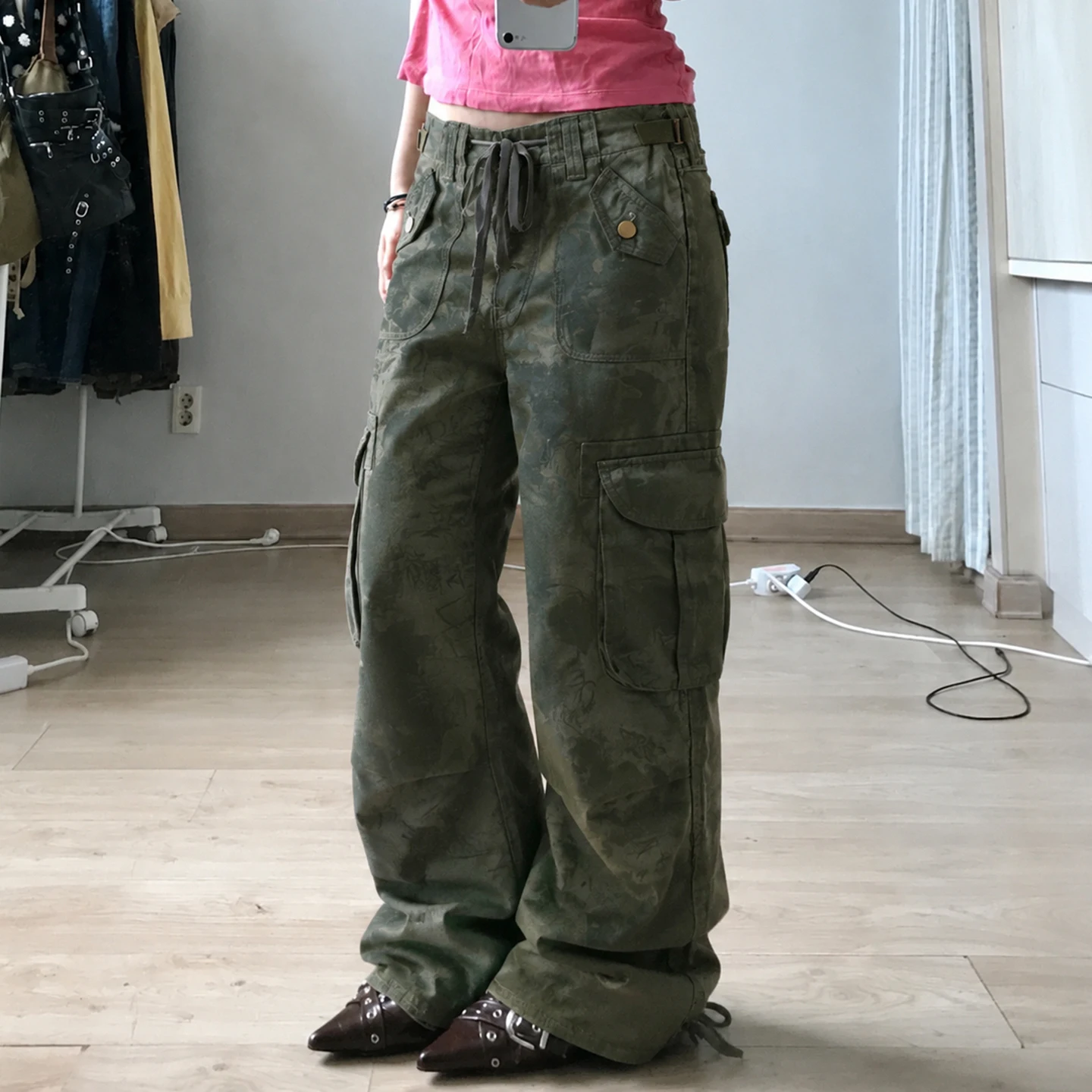 Vintage American Style Ladies Green Camouflage Cargo Jeans High Waist Drawstring Multi Pocket Ruched Hem Loose Denim Street Trou