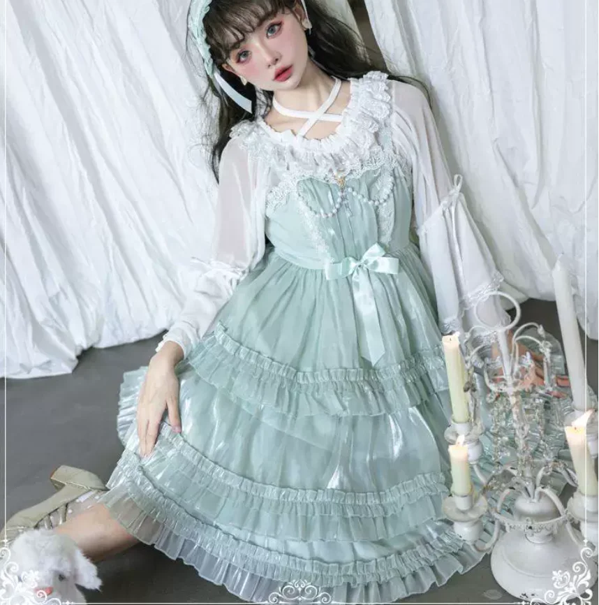 Sweet Green Lolita Bow Jsk Slash Neck Princess Cake Dress Fashion High Waist A-line Versatile Age Reduction Ruffles Dresses