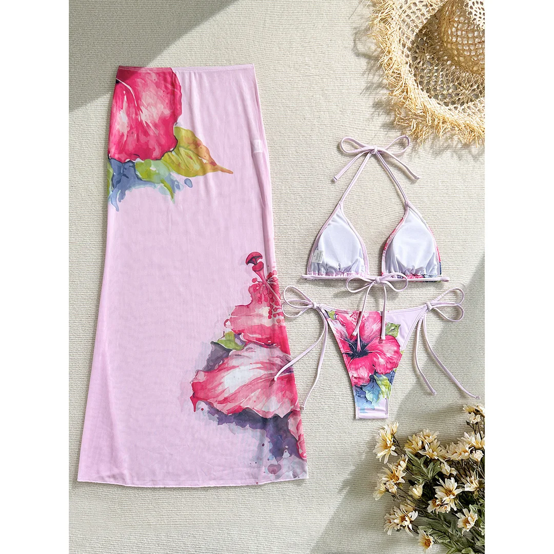 Blumenmuster mit Rock, Neckholder-Bikini, Damen-Badebekleidung, dreiteiliges Bikini-Set, Damen-Badeanzug, Badebekleidung, Badeanzug, Schwimmkleidung V6637 – Detail 30