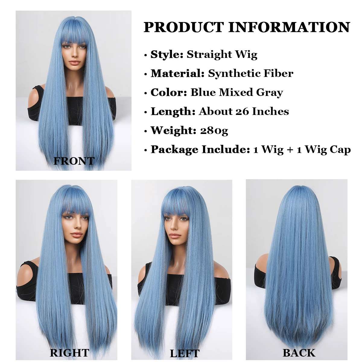 HENRY MARGU Blue Mixed Gray Synthetic Wigs with Bangs Long Straight Wig Natural Looking Female Wig Cosplay Lolita Heat Resistant