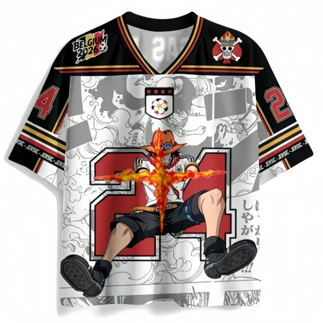 One Piece Ace Black Red Flame Power V-neck Breathable Mesh Manga Background Number 24 Sports and Leisure Loose T-shirt