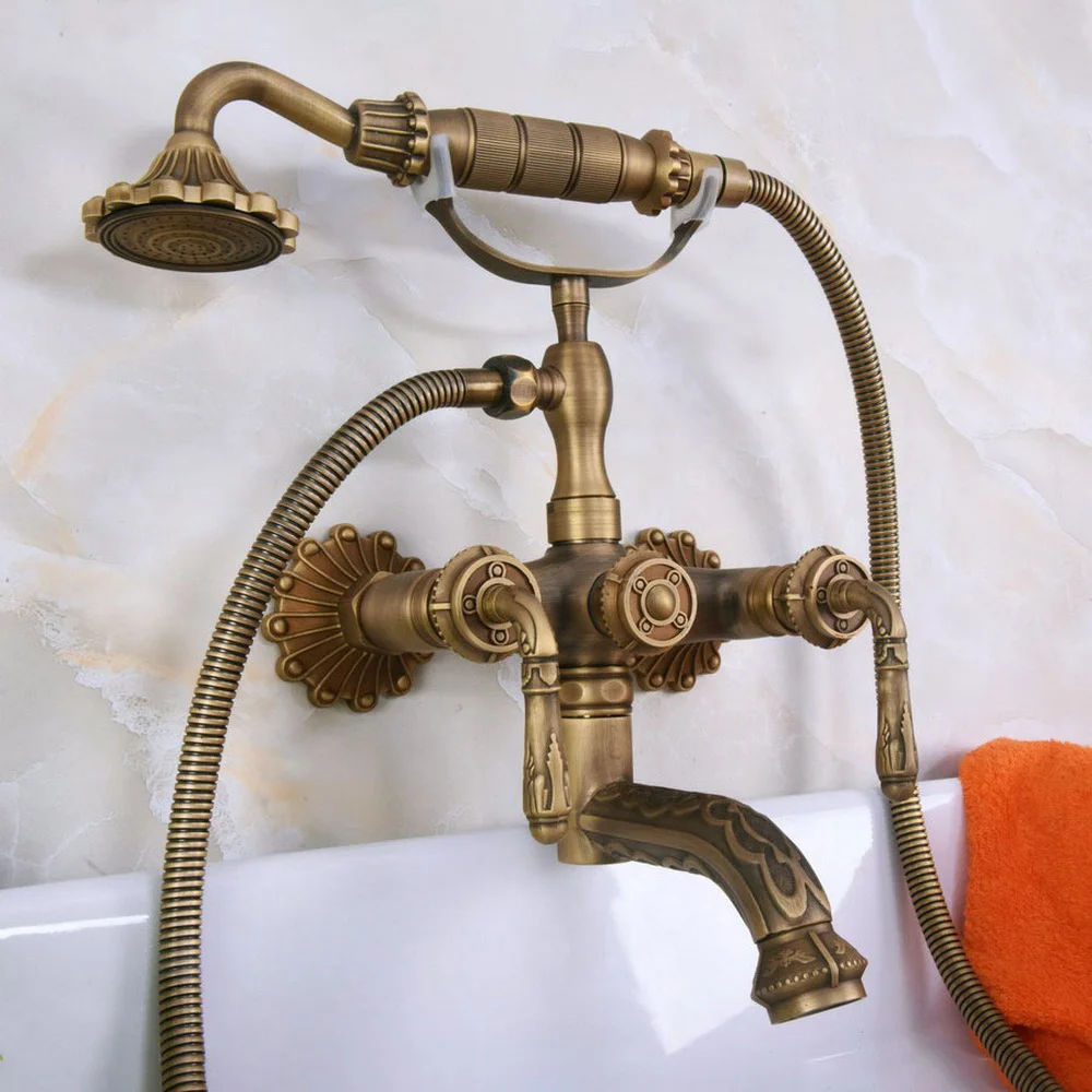 Retro Antique Brass Double Handle Wall Mounted Bathroom Bath Tub Faucet Set with 150CM Hand Held Shower Spray Mixer Tap 2na222