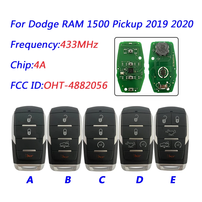 AK024034 3/4/5/6B For Dodge RAM 1500 Pickup 2019 2020 Smart Remote Key 433.92MHz 4A Chip FCC ID OHT-4882056