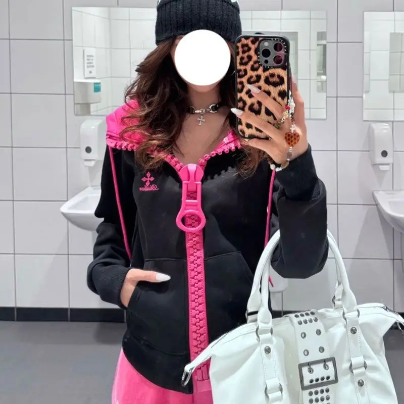 Y2K Streetwear Hooded Zip Up Jacket Women Contrast Hot Pink Trim Heavy Cotton Oversized Zipper Loose Fit Casual Daily Outfit