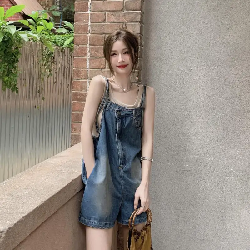 

Sweet Denim Overalls Women Summer New Loose Straight Wide-Leg Shorts Niche Irregular Washing Pants