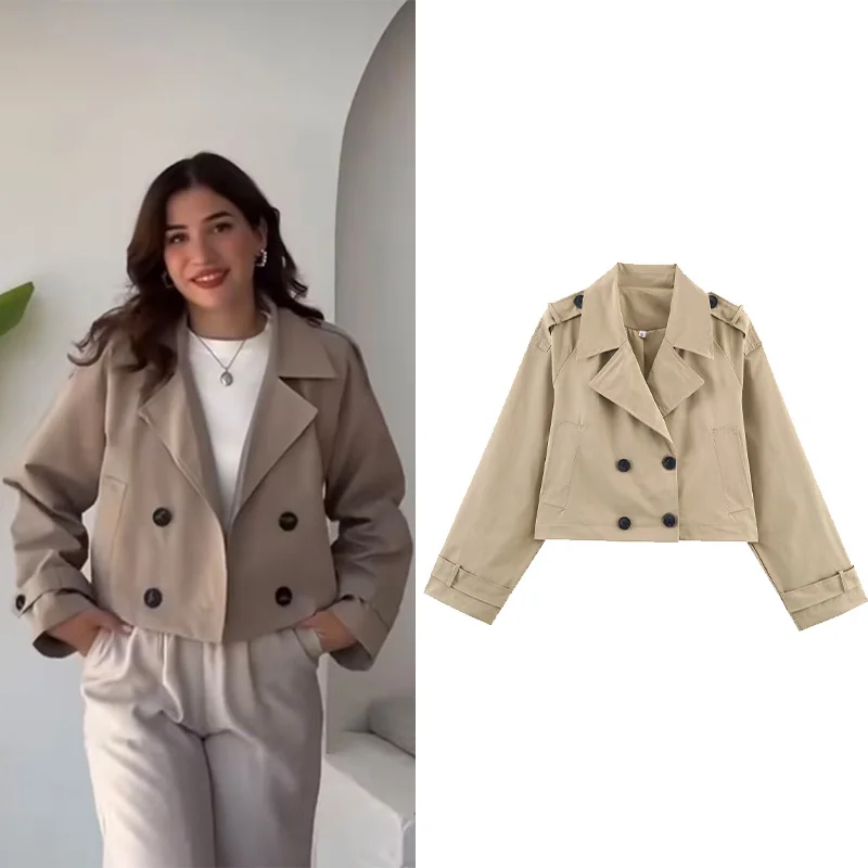 

Женская короткая куртка HipSeam с двубортными женскими повседневными короткими рукавами и лацканами, осенние женские куртки