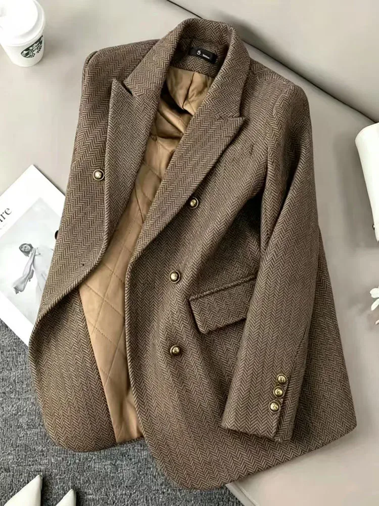 Vintage Faux Wool Blazers Women Winter Thick Loose Double Breasted Blended Jacket Korean Elegant Office Lady All Match Suit Coat