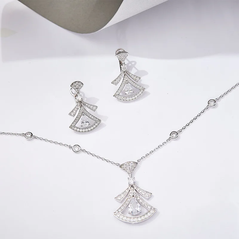 Designer Collection Sterling Silver Earrings Necklace Women Lady Inlay Czech Zircon Tassels Fanned Pendant Party Jewelry Sets