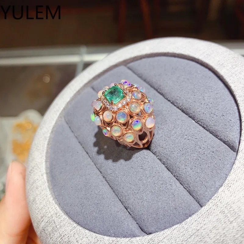 YULEM 100% Natural Emerald Ring for Engagement 5mm*5mm Emerald Silver Ring 925 Sterling Silver Emerald Ring with 3mm Opal Stone image 5