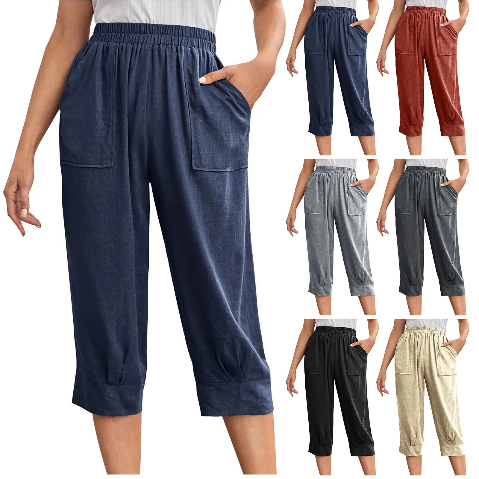 Summer Solid Color Fashion Elastic Waist Wide Leg Shorts Trousers Women High Street High Waist Pockets Vintage All-match Pants