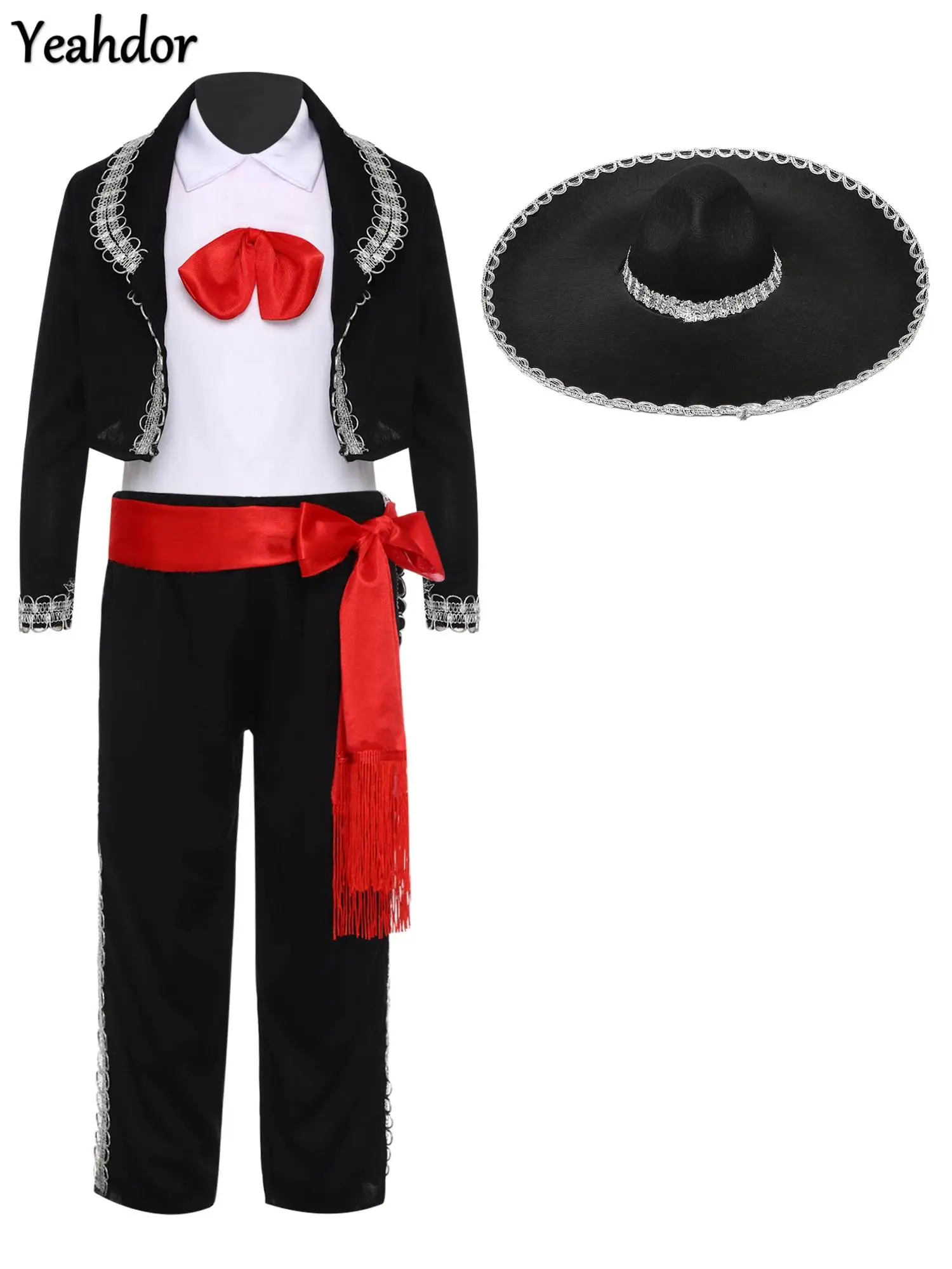

Boys Mexican Performance Costumes Mariachi Dress Up Halloween Mexican Cosplay Vest Pants Jacket Waistband with Hat 5Pcs Outfits