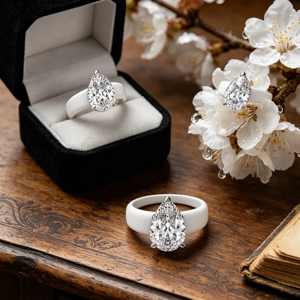 Minimalist White Silicone Tape Tear Drop CZ Ring, White K3 Claw CZ Ring, Create Elegant Party Statement Jewelry for Her