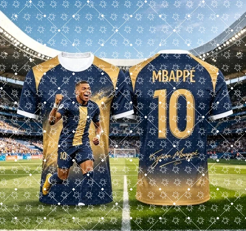 Mbappe No.10 Football Star Graphic T‑Shirt Blue White Gradient Print Short Sleeve Tee Soccer Fan Jersey Style Sports T‑Shirts
