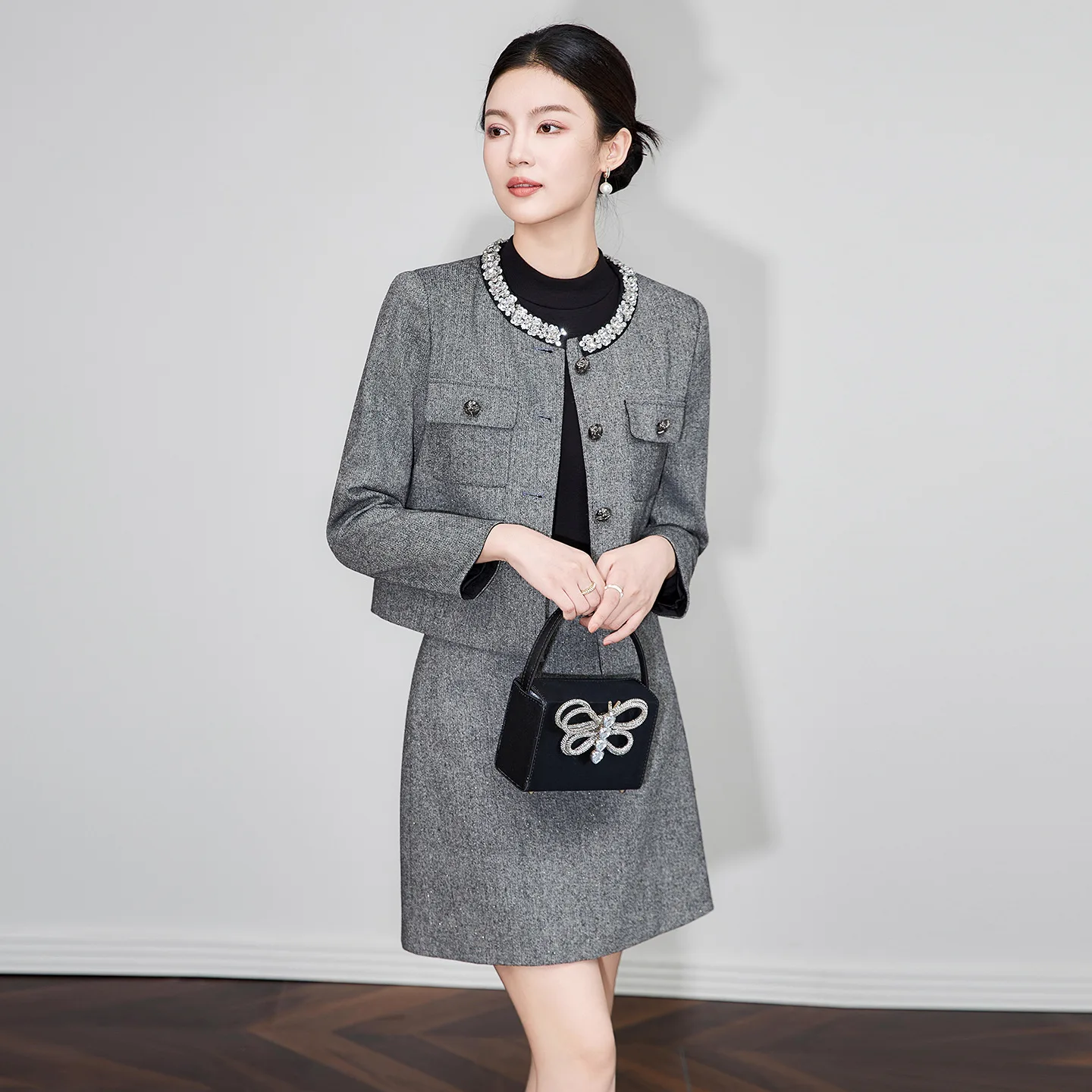 النمط الفرنسي الأنيق الاجتماعي الترتر الماس الجولة الرقبة واحدة الصدر سترات قصيرة ضئيلة ألف خط تنورة قطعتين مجموعة للنساء #3