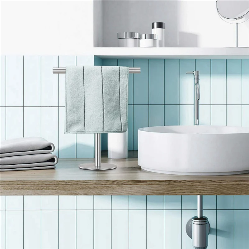 AT44-2X Brushed Finish Standing Towel Rack, Heavy Duty Base, Stainless Steel T-Shaped Hand Towel Stand For Bathroom, Kitchen.