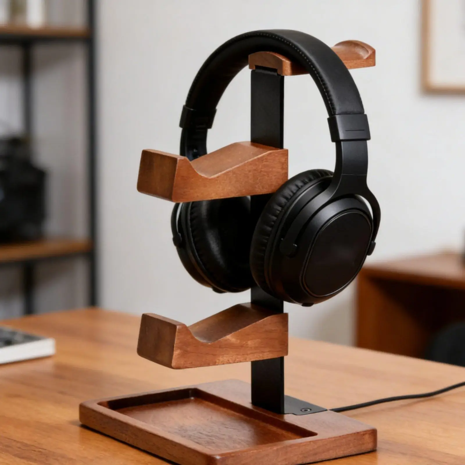 Wooden Headphone Controller Stand Easy Assembly Wood and Metal Headset Stand