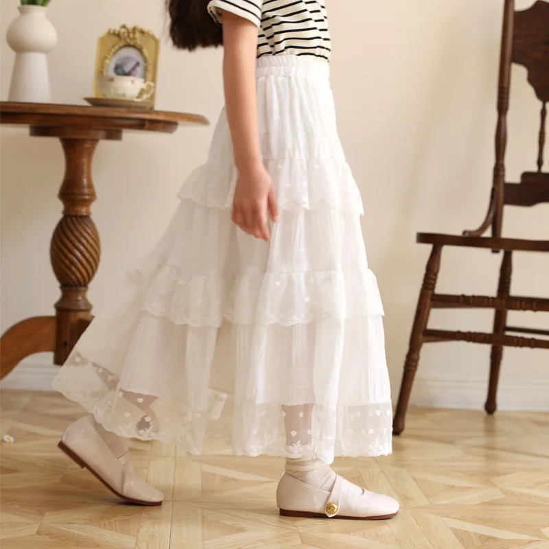 Girls Tiered Princess Skirt Elegant White Lace Long Skirt for Teens Kids 2026 Summer Casual Versatile Daily Children Costumes