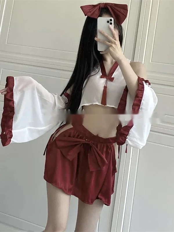 New Style Elegant Nightclub Erotic Sweet Tassels Top Red Cute Sexy Side Hollow Out Bow Tie Skirt Set Passion Romantic Soft N5E1