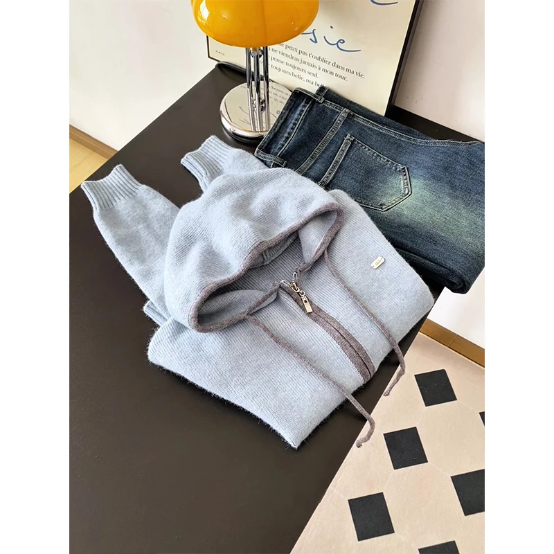 ay الأزرق مقنعين سترة مفتوحة سترة كبيرة الحجم المرأة Dstring محبوك كسول الراقية Sle الخريف الشتاء تخفيف Faion