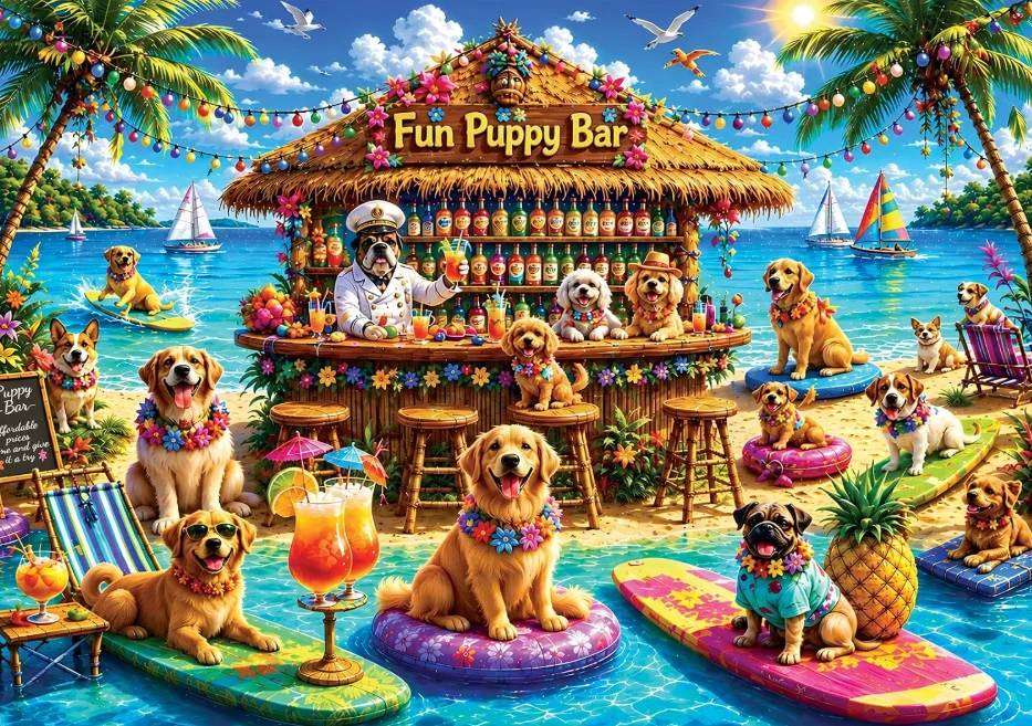 Summer Tropical Puppy Bar Jigsaw Puzzle 500/1000/1200/2000PCS Cute Dogs Seaside Surf Party Colorful Beach Landscape Puzzle