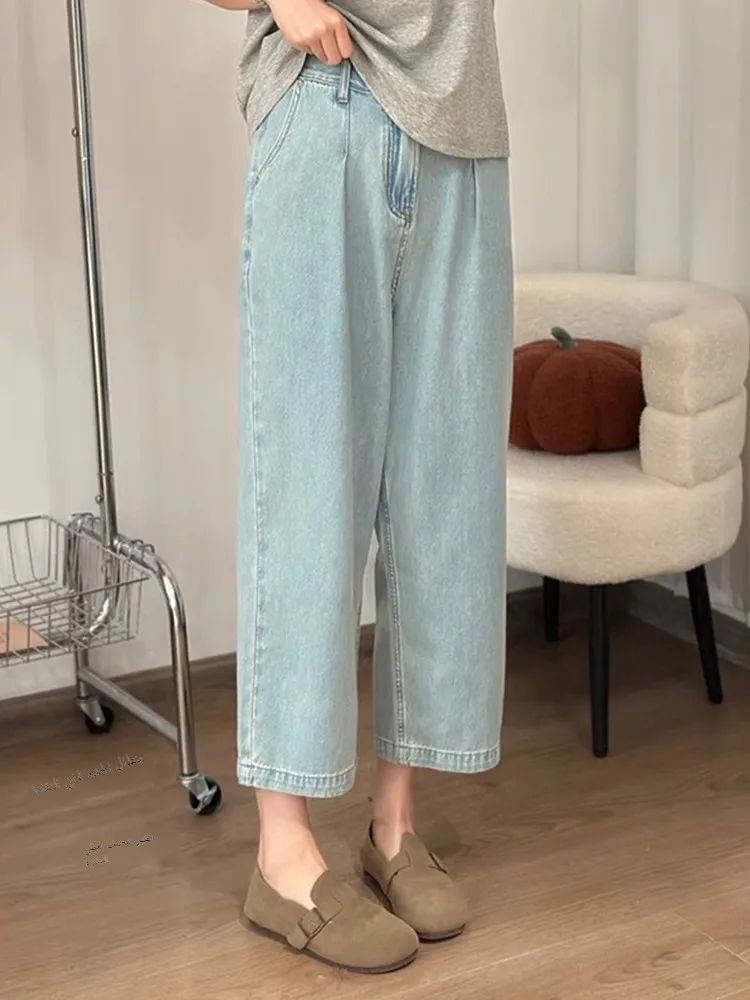 

High Waist Straight Leg Thin Denim Jeans Women's Spring Loose Slimming Harlan Wide Leg Pants plus Size Eighteen Inch Length
