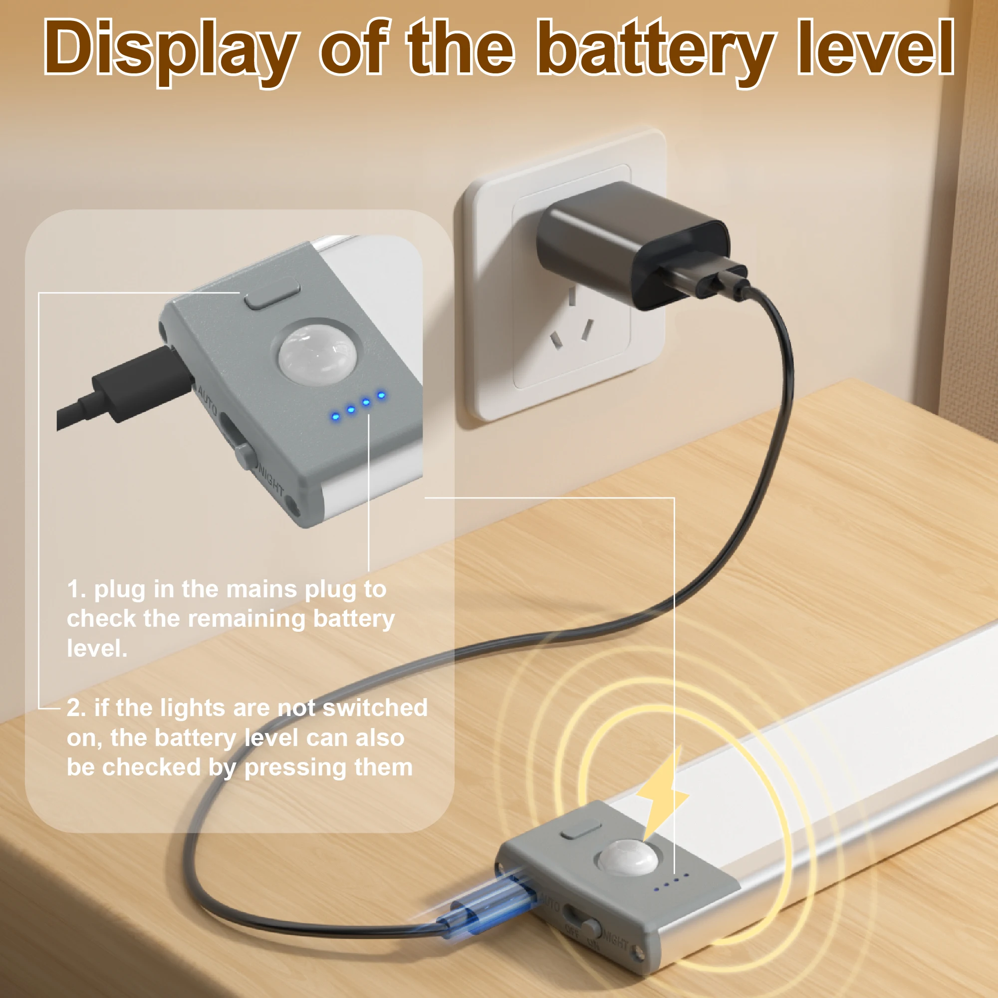 قطعتان، ضوء مستشعر حركة يعمل بالبطارية، ضوء USB قابل لإعادة الشحن، ضوء خزانة مغناطيسي، يعتم بثلاثة ألوان، مناسب للمدخل، المدخل، غرفة المعيشة، غرفة النوم #4