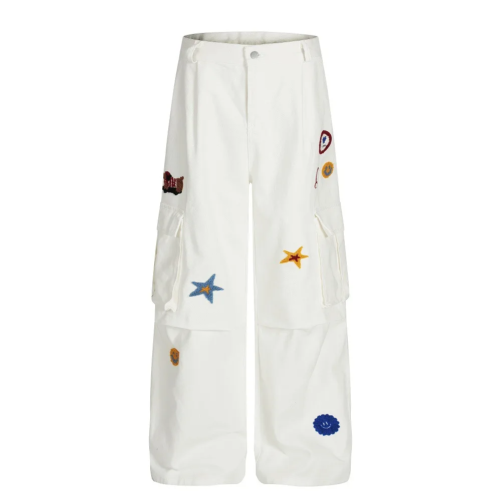 Pentagram Design Sense Embroidery Loose Wide-leg Tooling Trousers Men's High Street Tide Casual Straight Pants White
