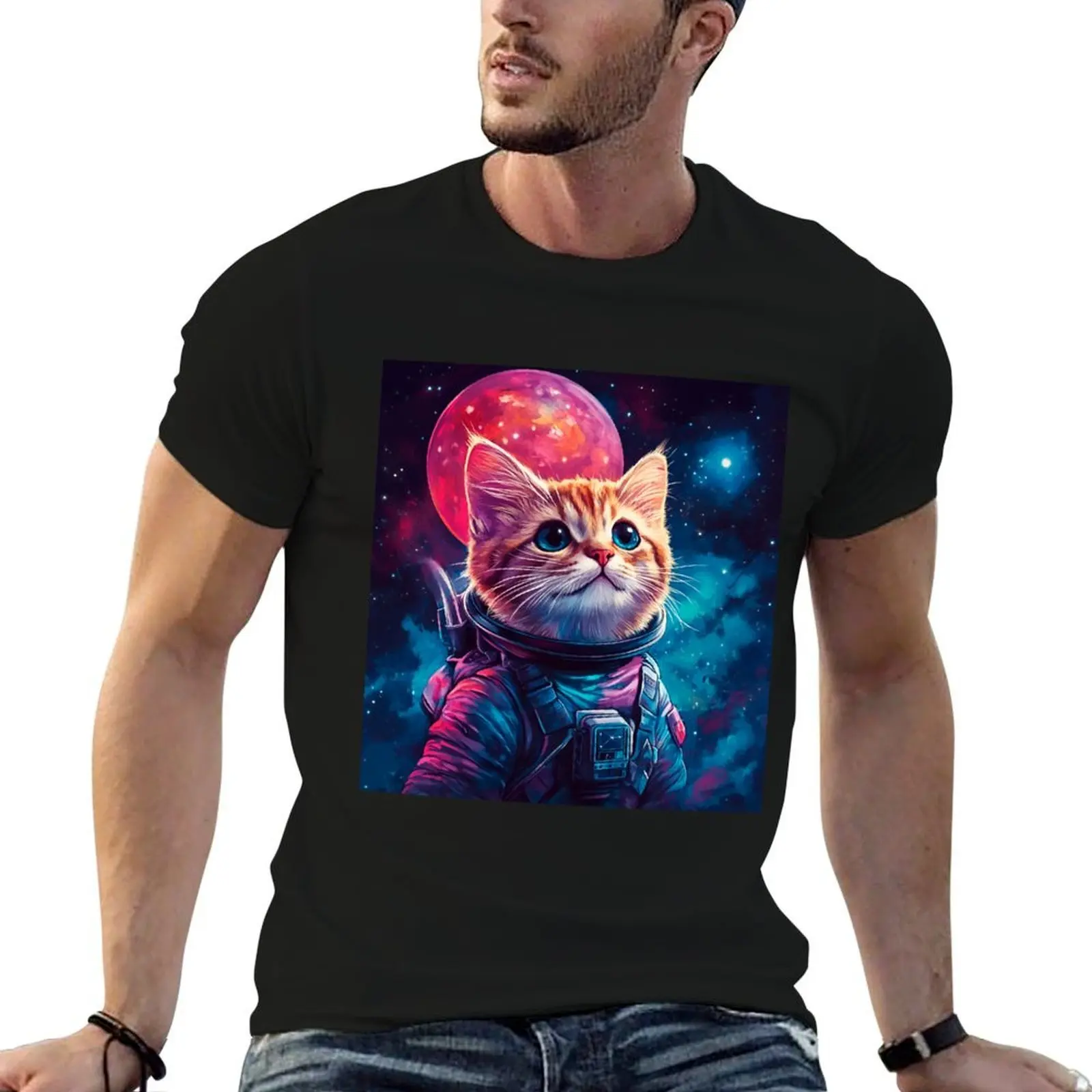 

Cat astronaut pink space T-Shirt t shirts for man pack cotton man t shirt heavy cotton T-Shirt