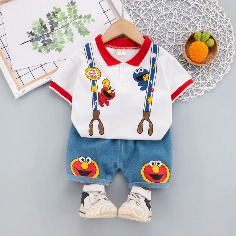 New Children Clothes for Baby Infant Boy Girl Cute Sesame Street Print Clothing Sets Summer Soft Polo T-shirt+Shorts 2pcs Suits