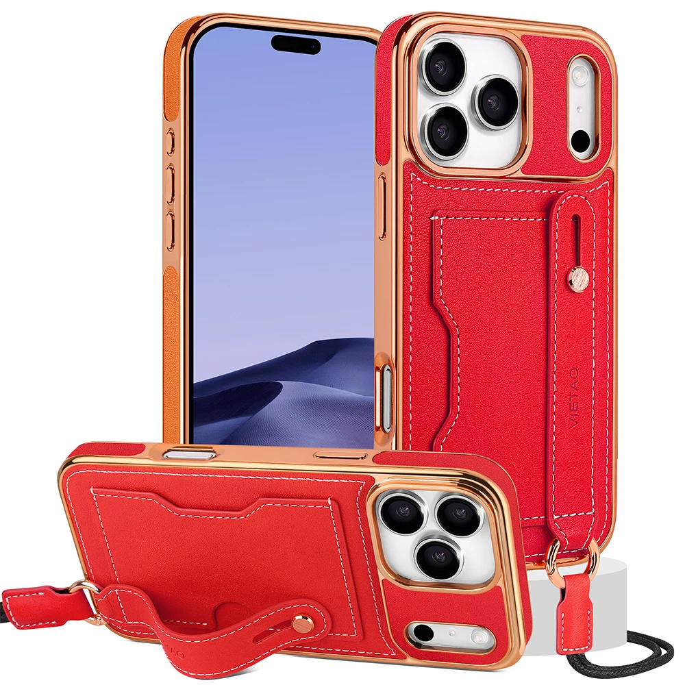 

Electroplating Leather Hand Strap Card Holder Wallet Case for iPhone 17 Pro Max 16 15 14 13 12, Wristband Kickstand Cover Rope