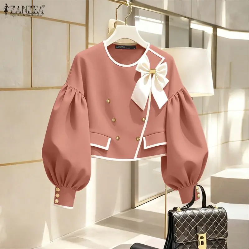 

ZANZEA Spring Autumn Long Lantern Sleeve Jackets Women Elegant Office Bow Fashion Coats Streetwear Casual Single Breasted Coats