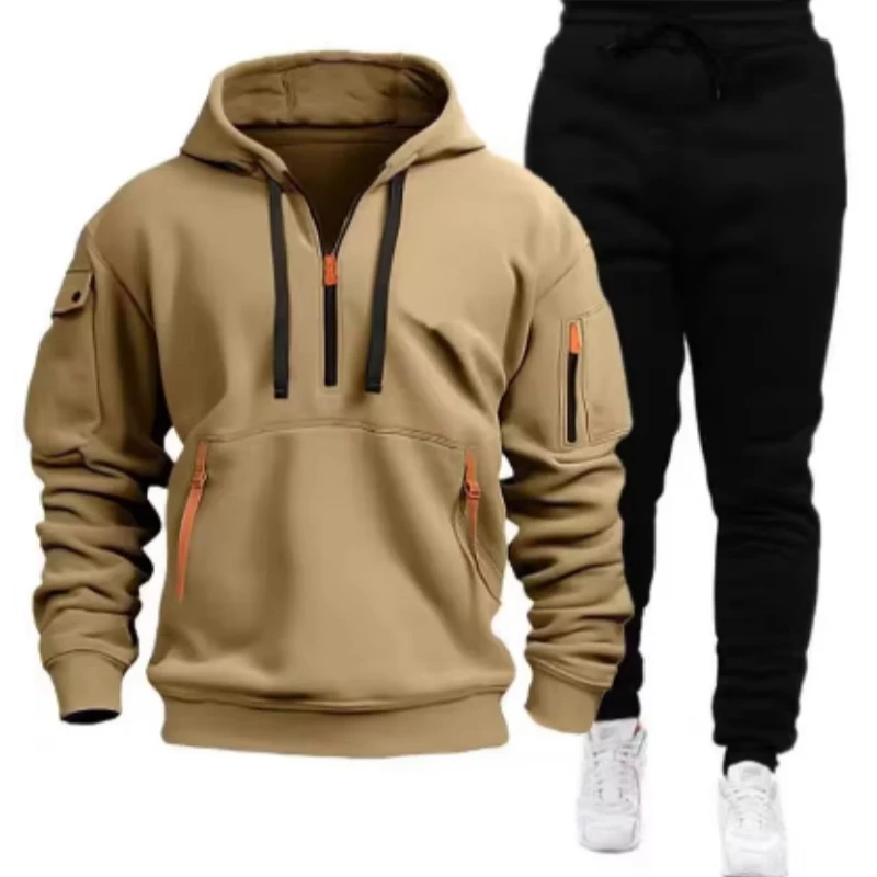 Heren vrijetijdssport trui multi-rits armzak hoodie set herfst/winter mode hoodie heren losse jas broek pak