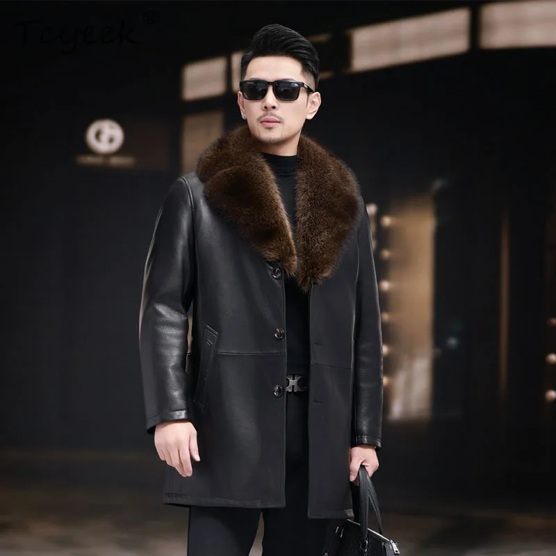 

Tcyeek, пальто из натурального норкового меха, мужская куртка из натуральной козьей кожи, 2025 г., теплые мужские пальто, зимняя одежда, шикарная Jaqueta De Couro
