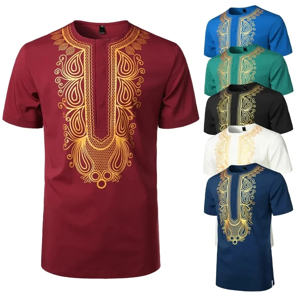 Camiseta de estilo africano para hombre, camisa con estampado dorado 3D, informal, de manga corta, holgada, de gran tamaño