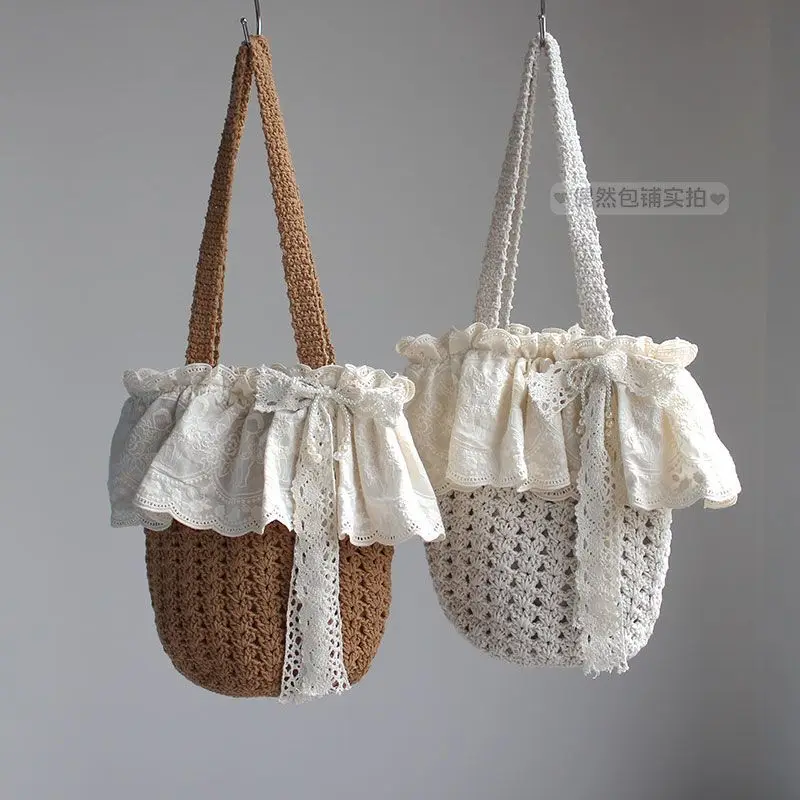 Beige Brown Cottage Core Crochet Bucket Bag Lace Ruffle White Bow Mori Girl Cotton Woven Shoulder Tote Handbag For Women Girls