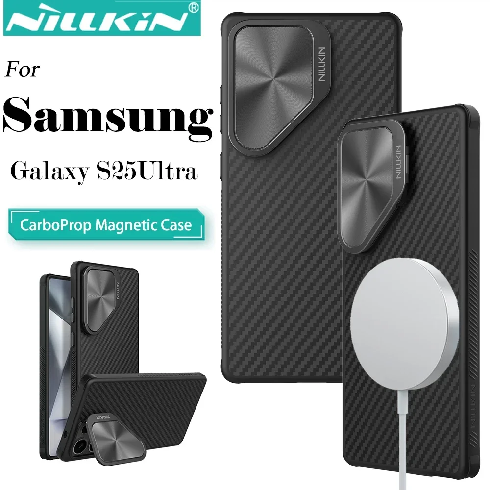 NILLKIN For Samsung Galaxy S25 Ultra MagSafe Case CarboProp Magnetic Charging Case Aramid Fiber Camera Foldable Stand Back Cover