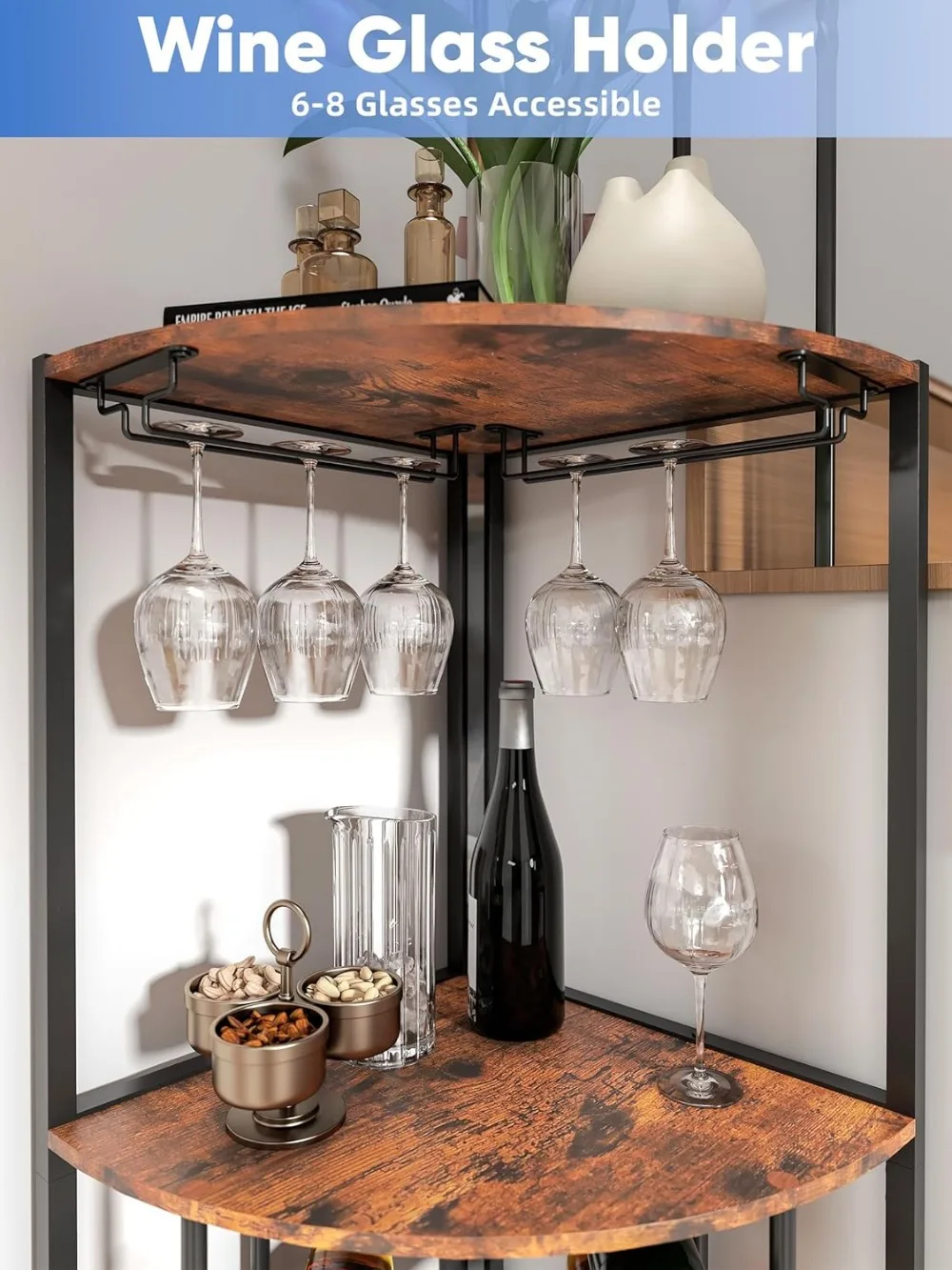 Portabottiglie angolare con luci a LED, contiene 30 bottiglie e bicchieri, stile industriale per il soggiorno della cucina del bar di casa