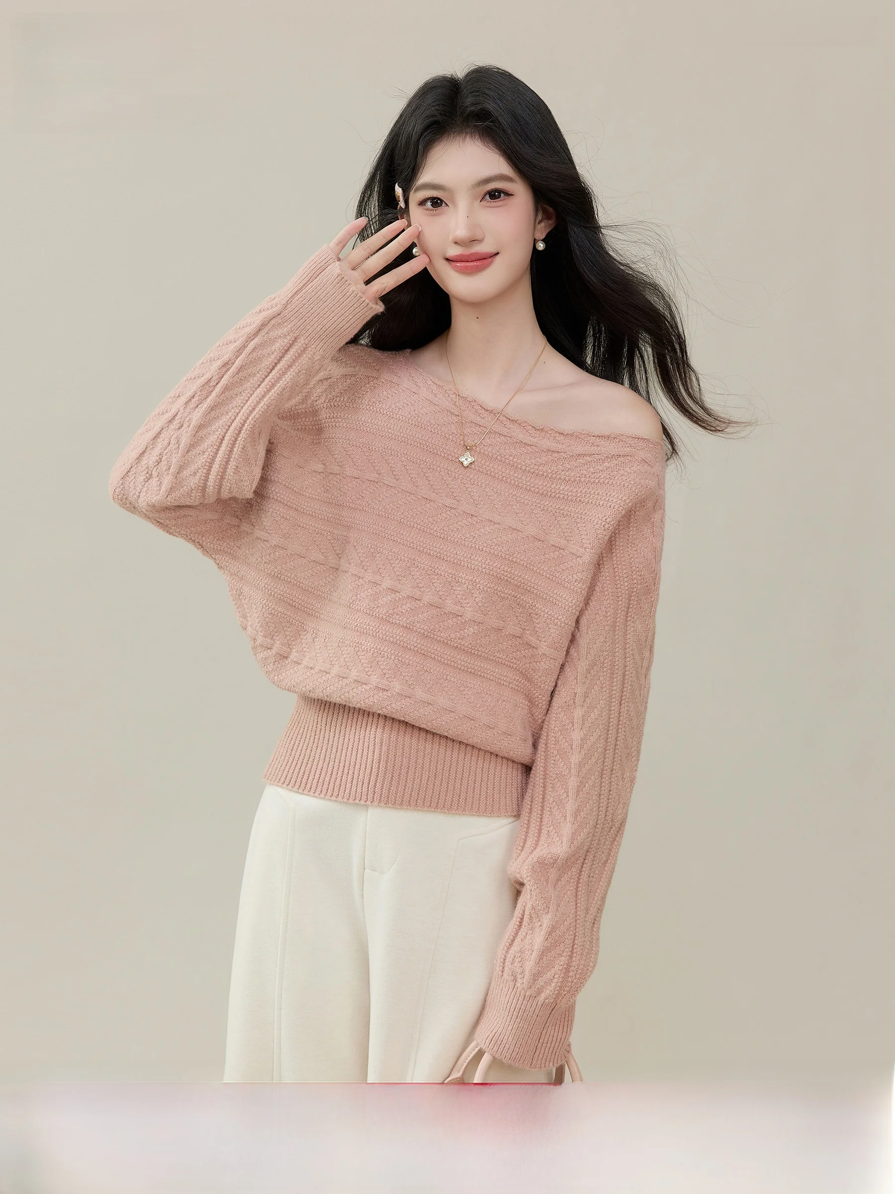 

Lingjiu Cherry Blossom Light Cloud Knitted Sweater Women's Winter Slim Fit Shoulder Bared One-Shoulder Knitwear Casual Style