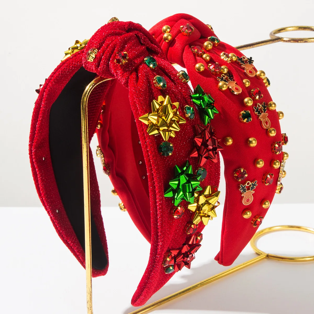 

New Christmas Red and Green Plastic Flower Deer Headband with Rhinestones for Women Simple Holiday Hair Accessory
