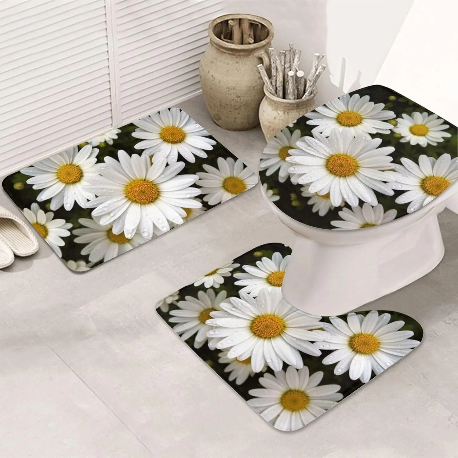 Daisy Flower Bathroom Rugs Sets 3 Piece, Non Slip Absorbent Bath Rug U-Shaped Contour Toilet Rug with Toilet Cover