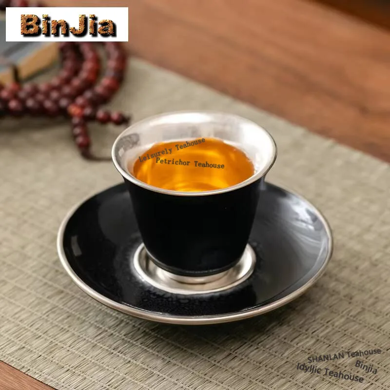 

50 мл черная глазурованная керамическая чашка Tianmu, Позолоченная серебряная чашка Master Cup 999, персональная чайная чаша с блюдцем, набор, чашка Chazhan, подарки